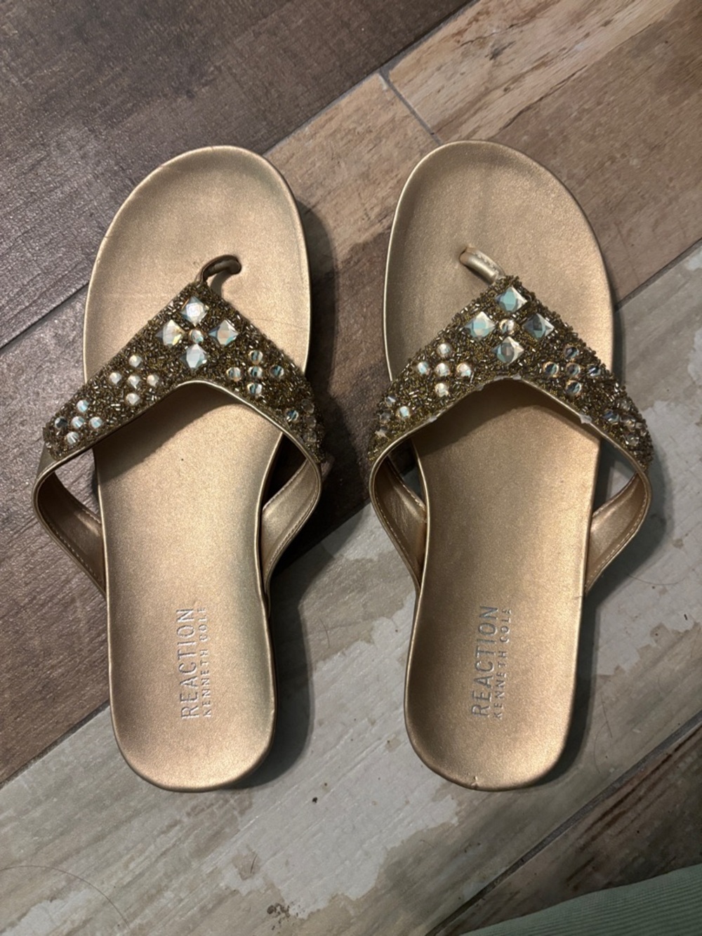 Kenneth Cole Reaction Metallic Gold Jeweled Slide Sandals